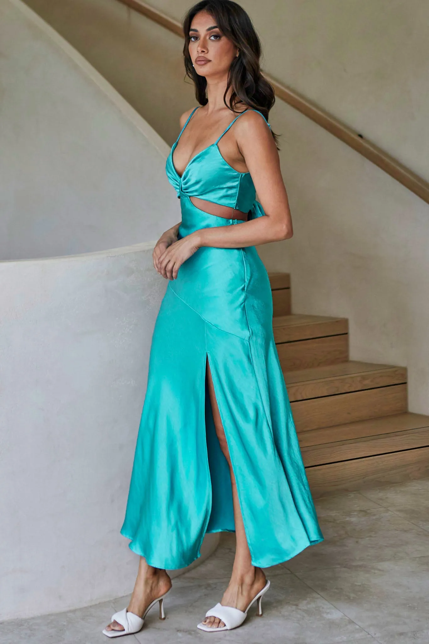 Acapulco Cami Strap Tied Back Satin Maxi Dress Green