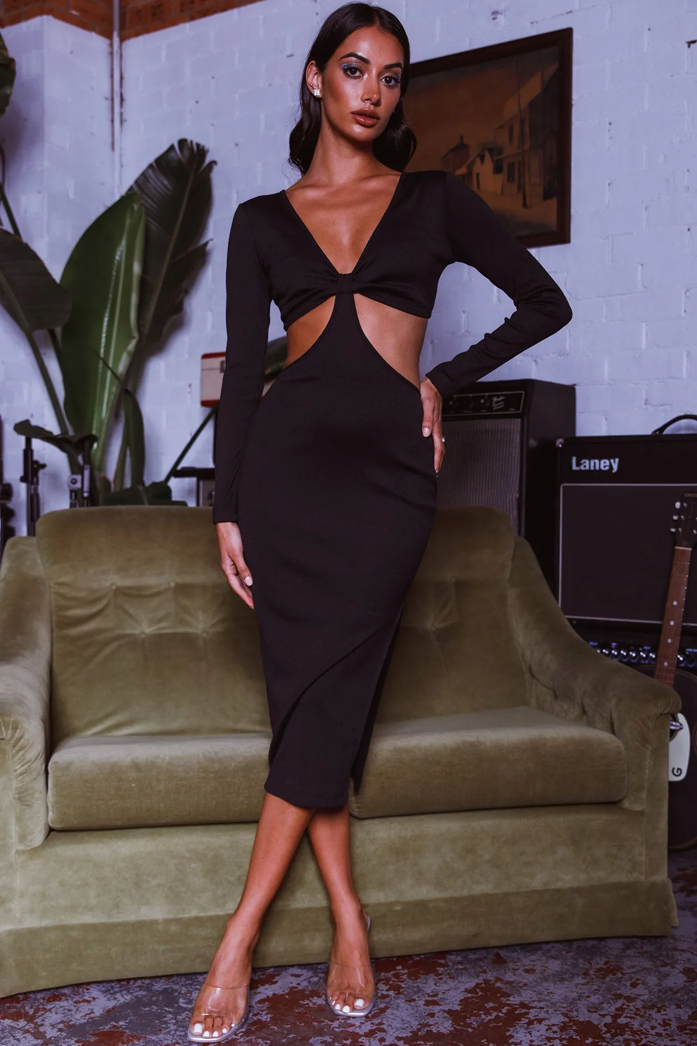 Acapulco Long Sleeve Cut-Out Waist Side Split Midi Dress Black