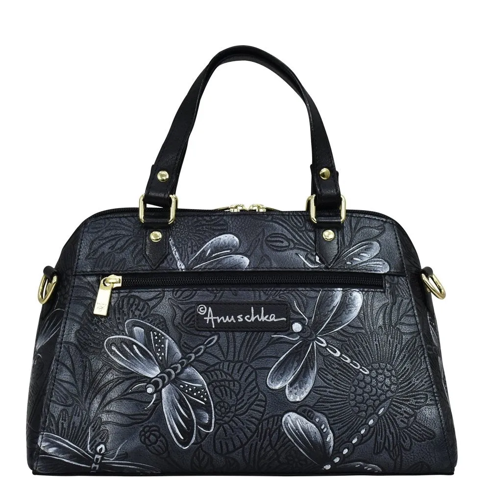 Anuschka Wide Organizer Satchel Handbag 695 - Tooled Dragonfly Meadow Pewter