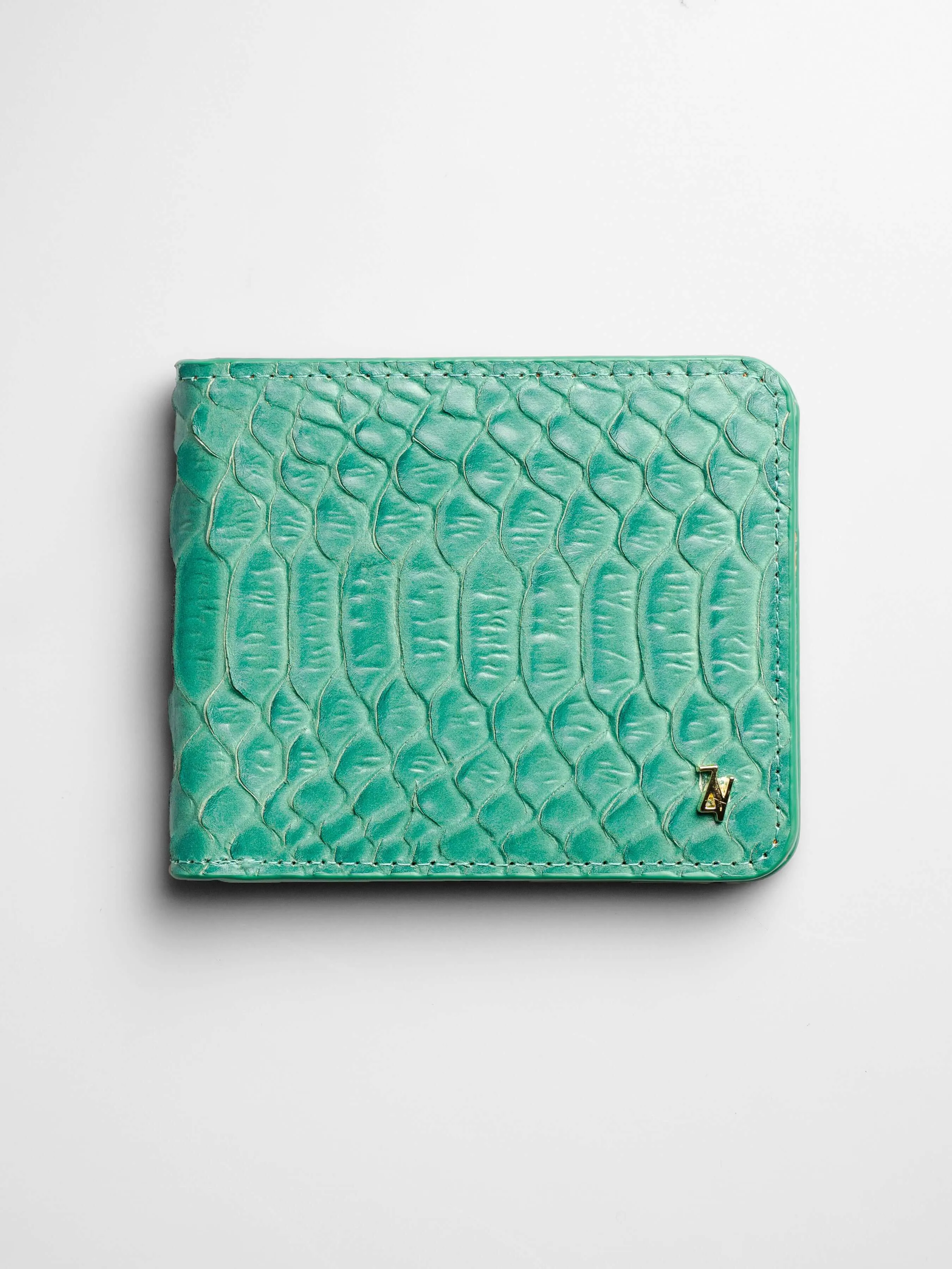 Artemis Python Wallet - Jade Green and Orange Leather