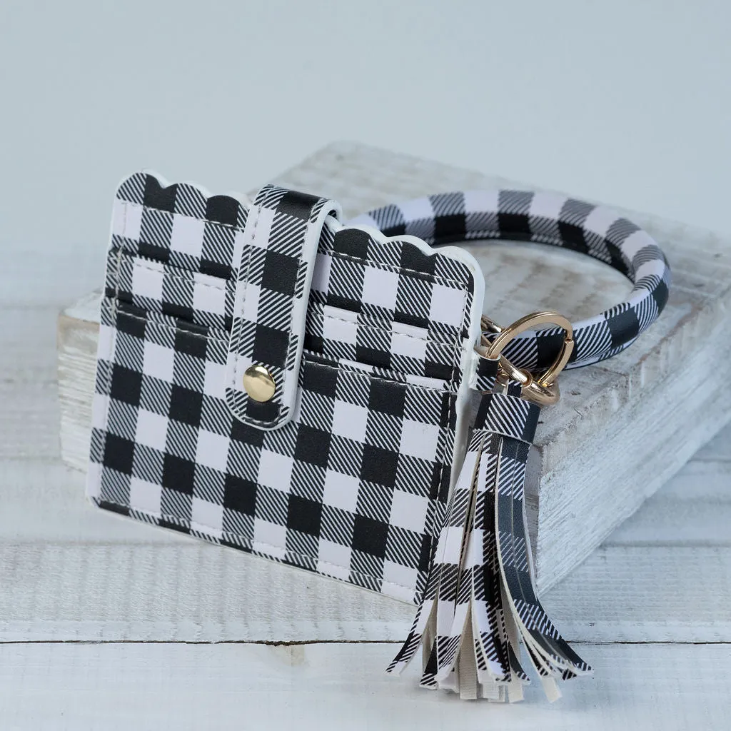 Bridgette Hands Free Bangle Keychain with Card Wallet-White Buffalo Plaid