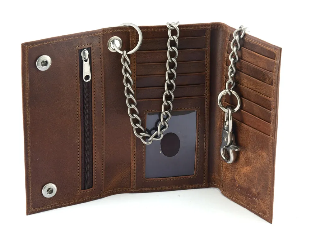 BWC234 BROWN LONG TRI-FOLD BIKER LEATHER CHAIN WALLET