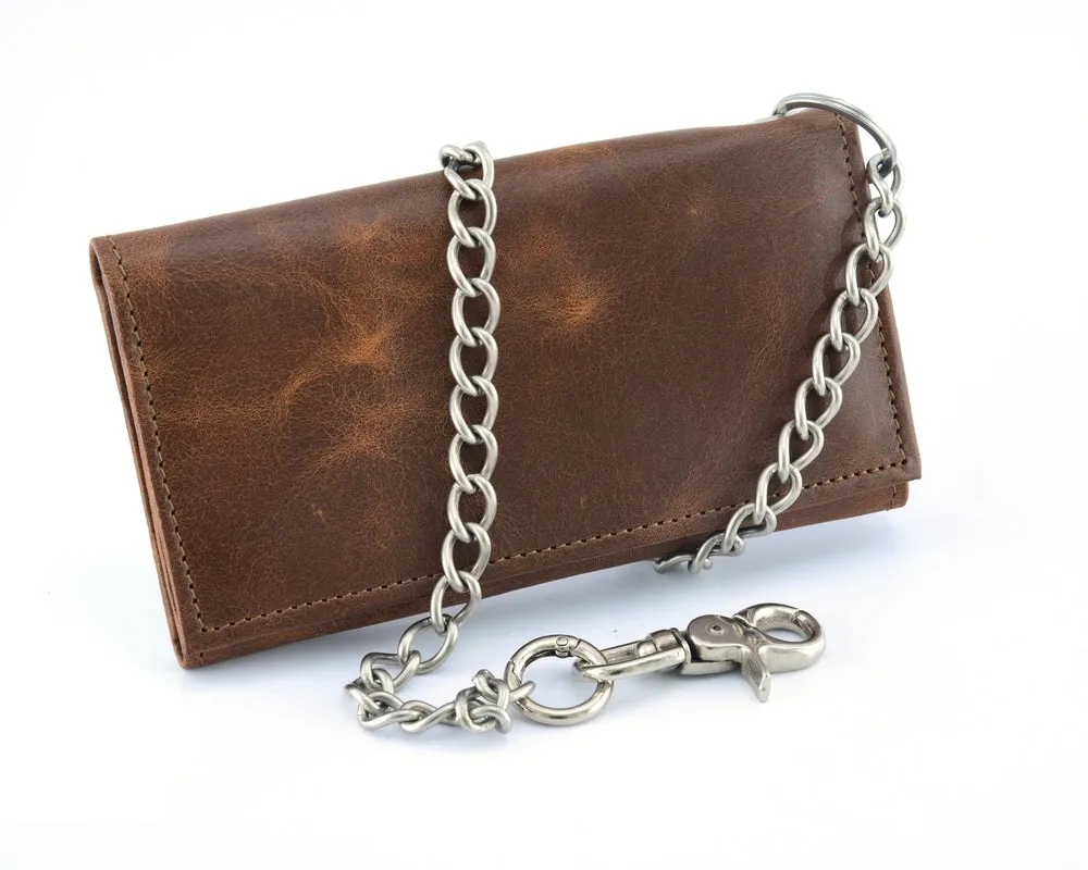 BWC234 BROWN LONG TRI-FOLD BIKER LEATHER CHAIN WALLET