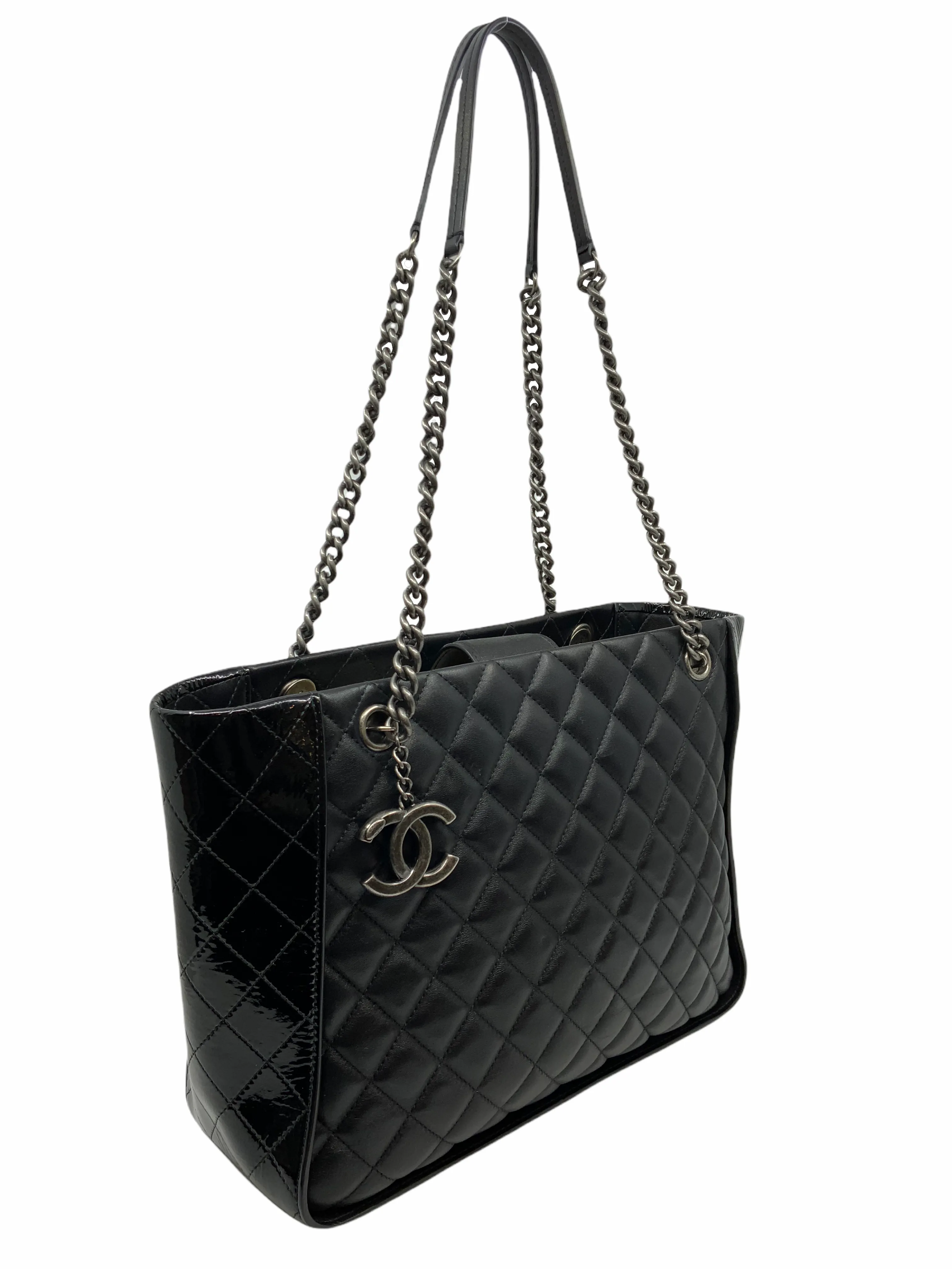 Chanel CC Charm Quilted Lambskin Patent Leather Tote