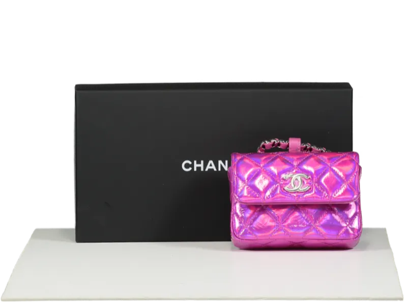 Chanel Iridescent Pink Patent Lambskin Quilted CC Hook Card Holder/Micro Bag