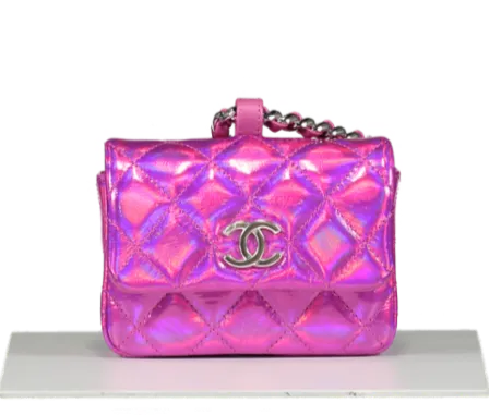 Chanel Iridescent Pink Patent Lambskin Quilted CC Hook Card Holder/Micro Bag