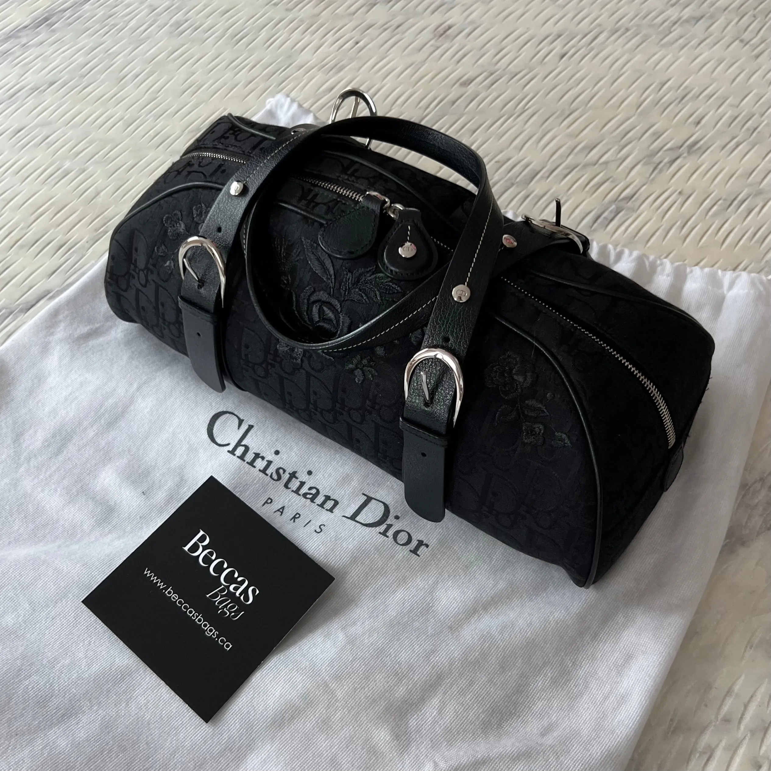 Christian Dior Black Flower Embroidered Trotter Bag