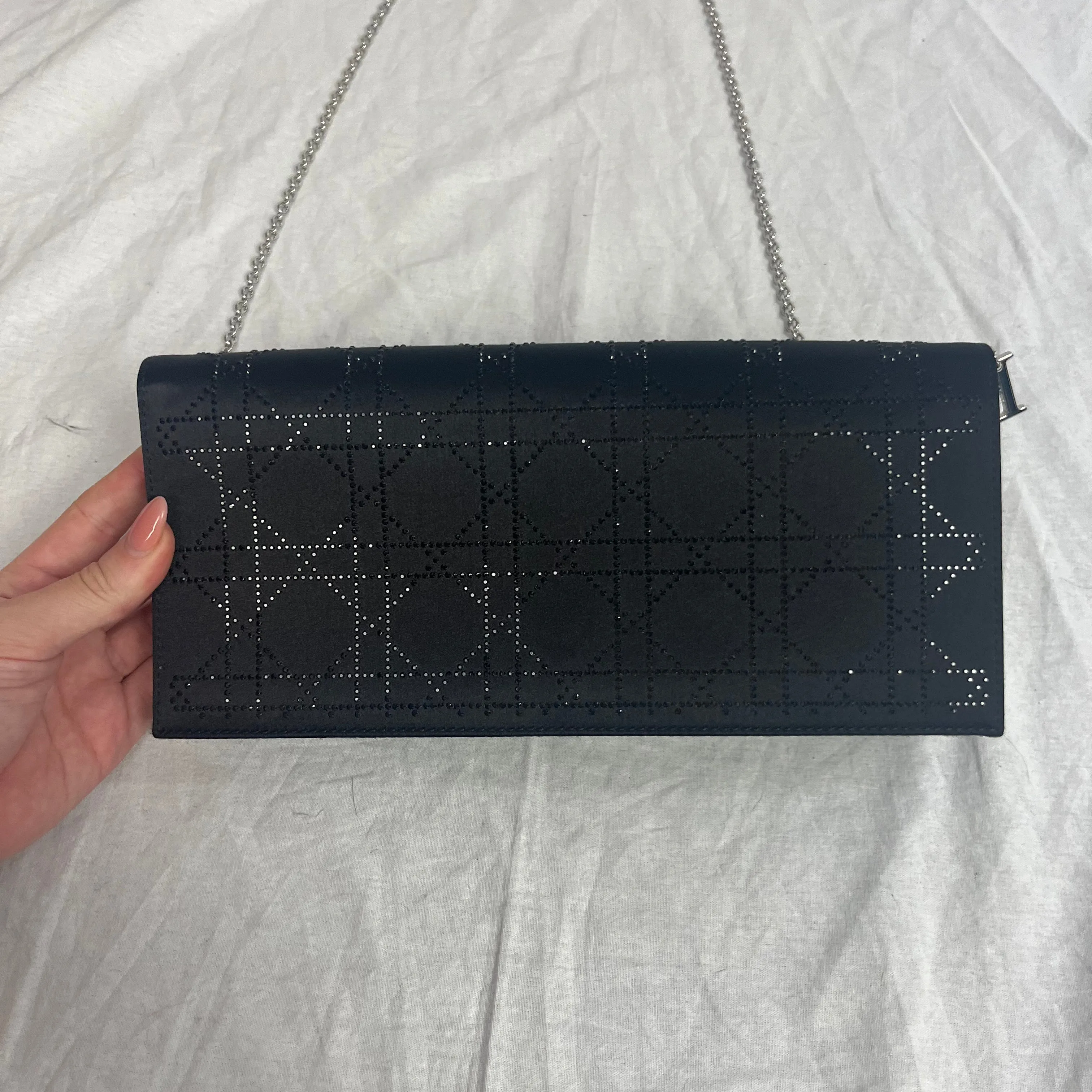 Christian Dior Black Silk Crystal Cannage Evening Bag