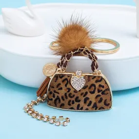 Fashion Leopard Print Mink Fur Ball Handbag Keychains