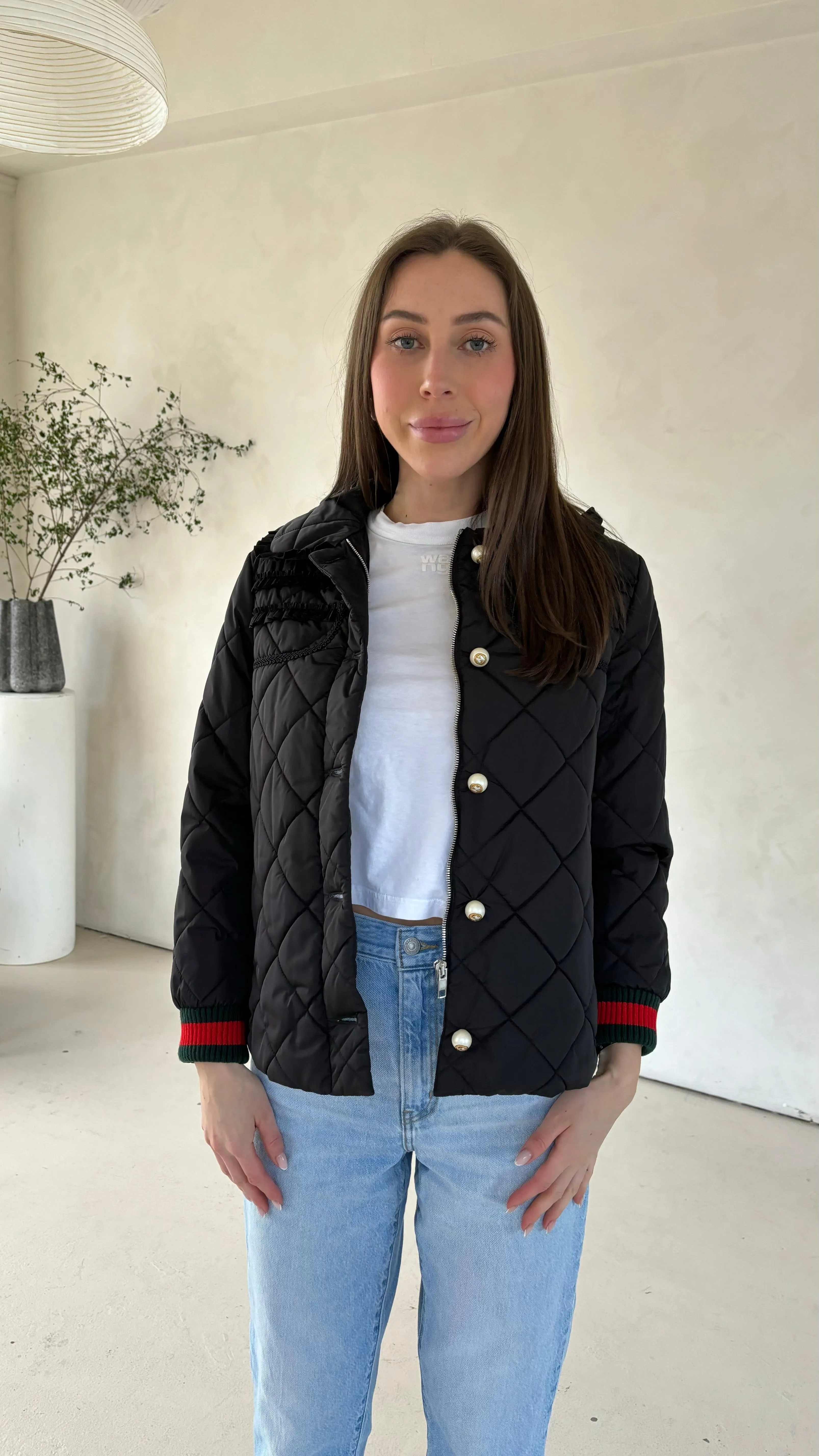 Gucci Black Ruffle Pearl Quilted Jacket