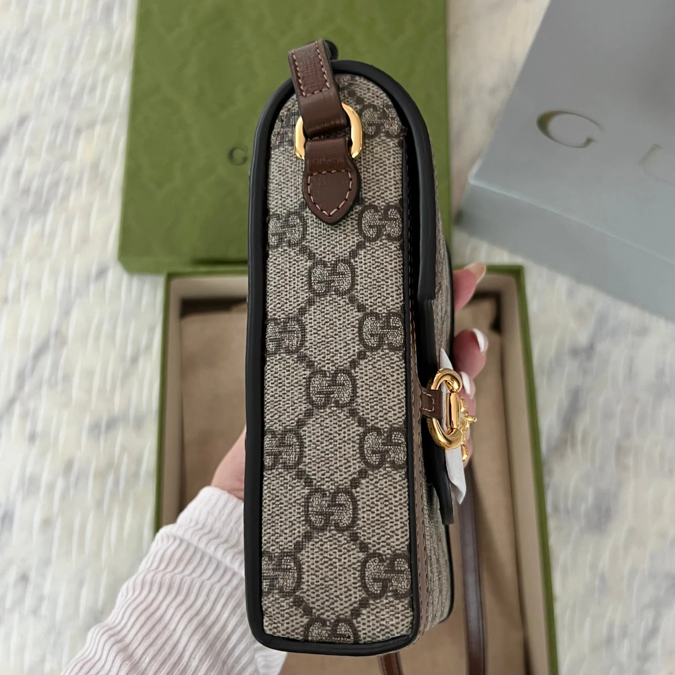 GUCCI Brown GG Supreme 'Gucci 1955' Horsebit Mini Bag