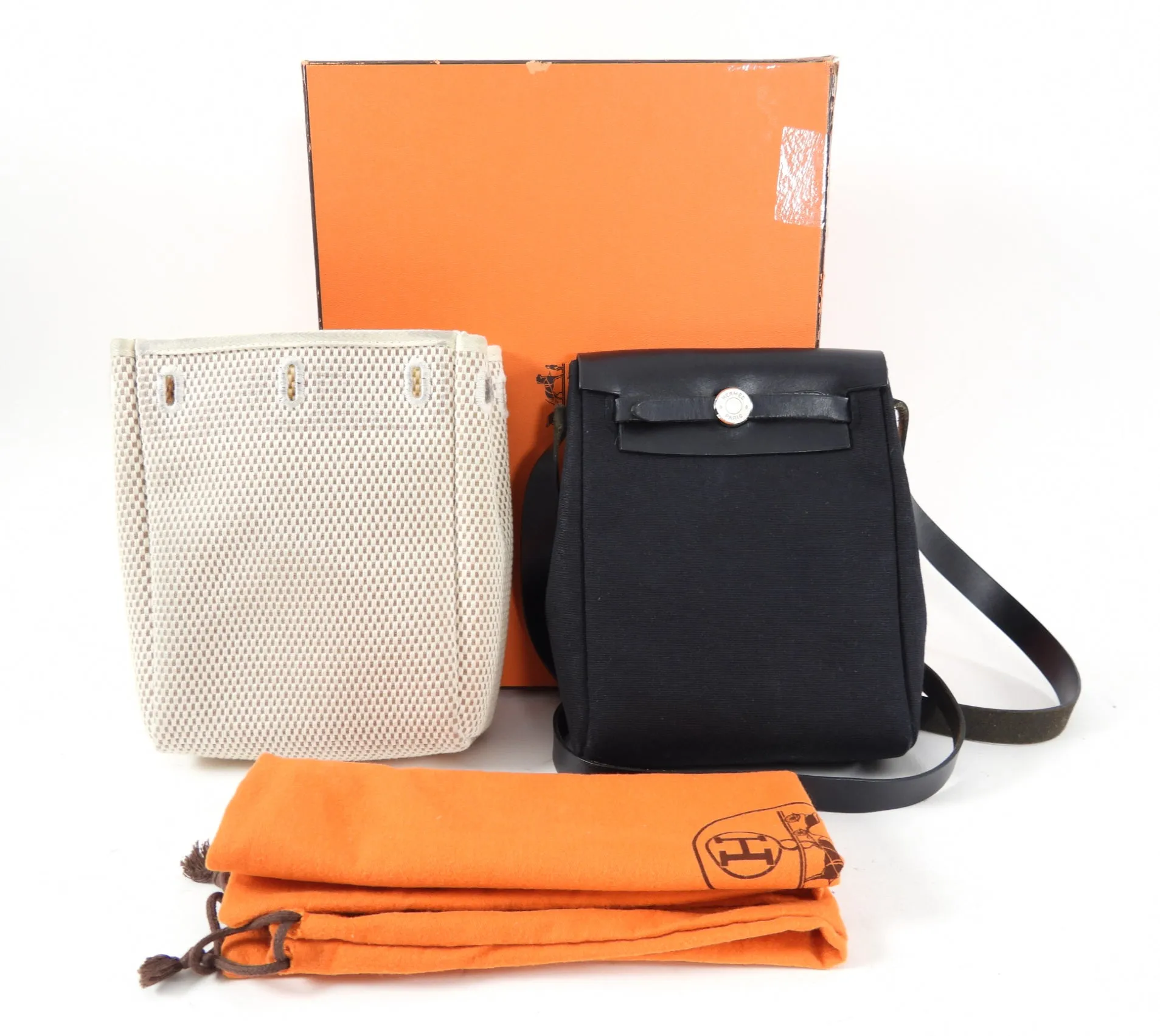 Hermes Mini Herbag Crossbody Bag Toile Natural and Black Canvas