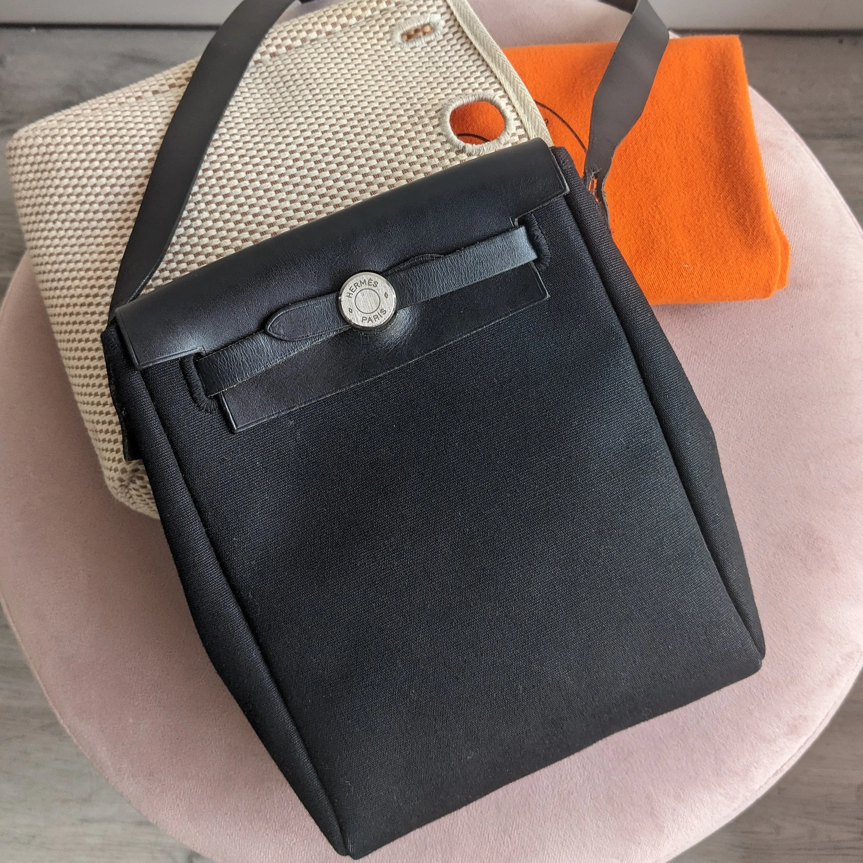 Hermes Mini Herbag Crossbody Bag Toile Natural and Black Canvas