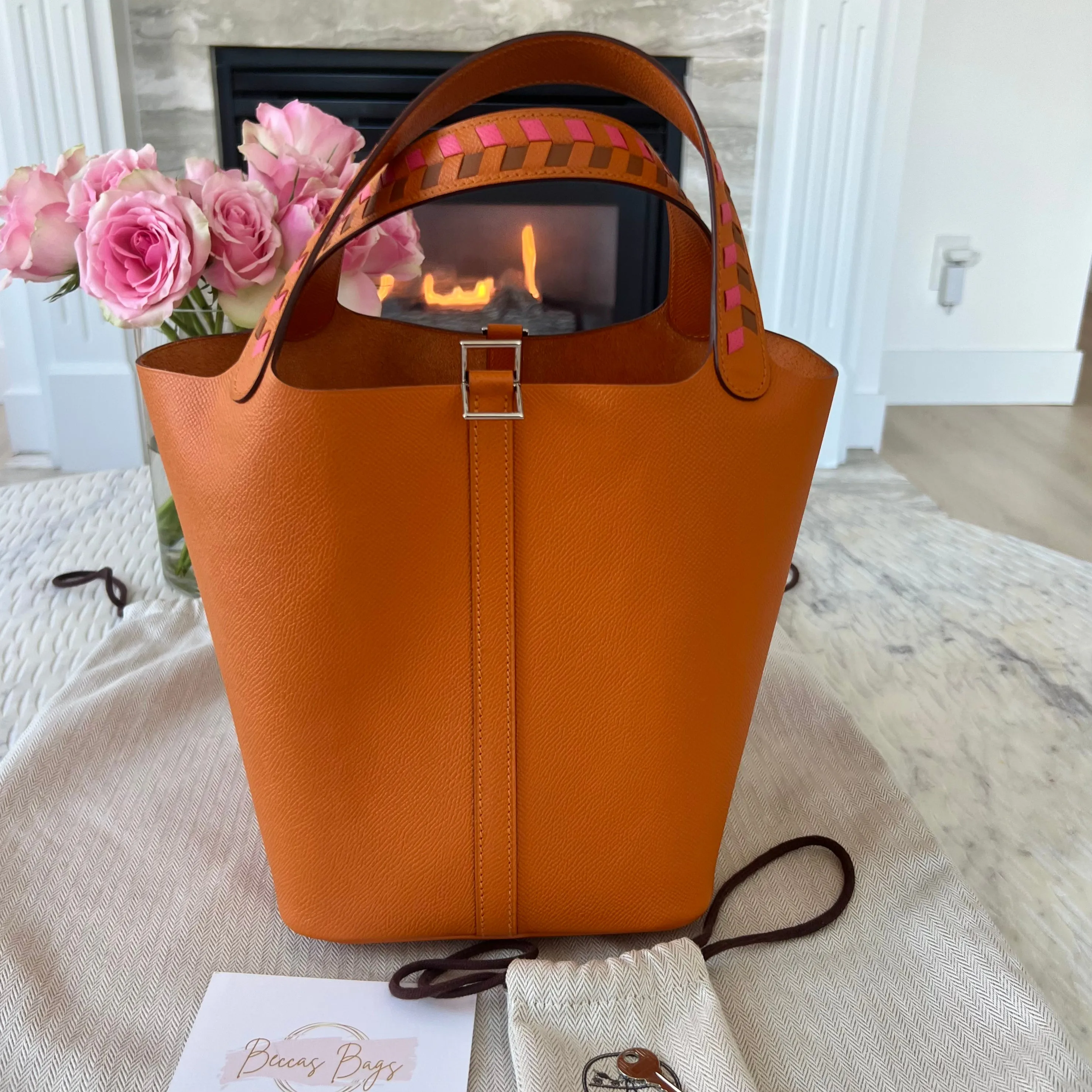 HERMES Orange Epsom Leather Tressage De Cuir Picotin Lock 22 Bag