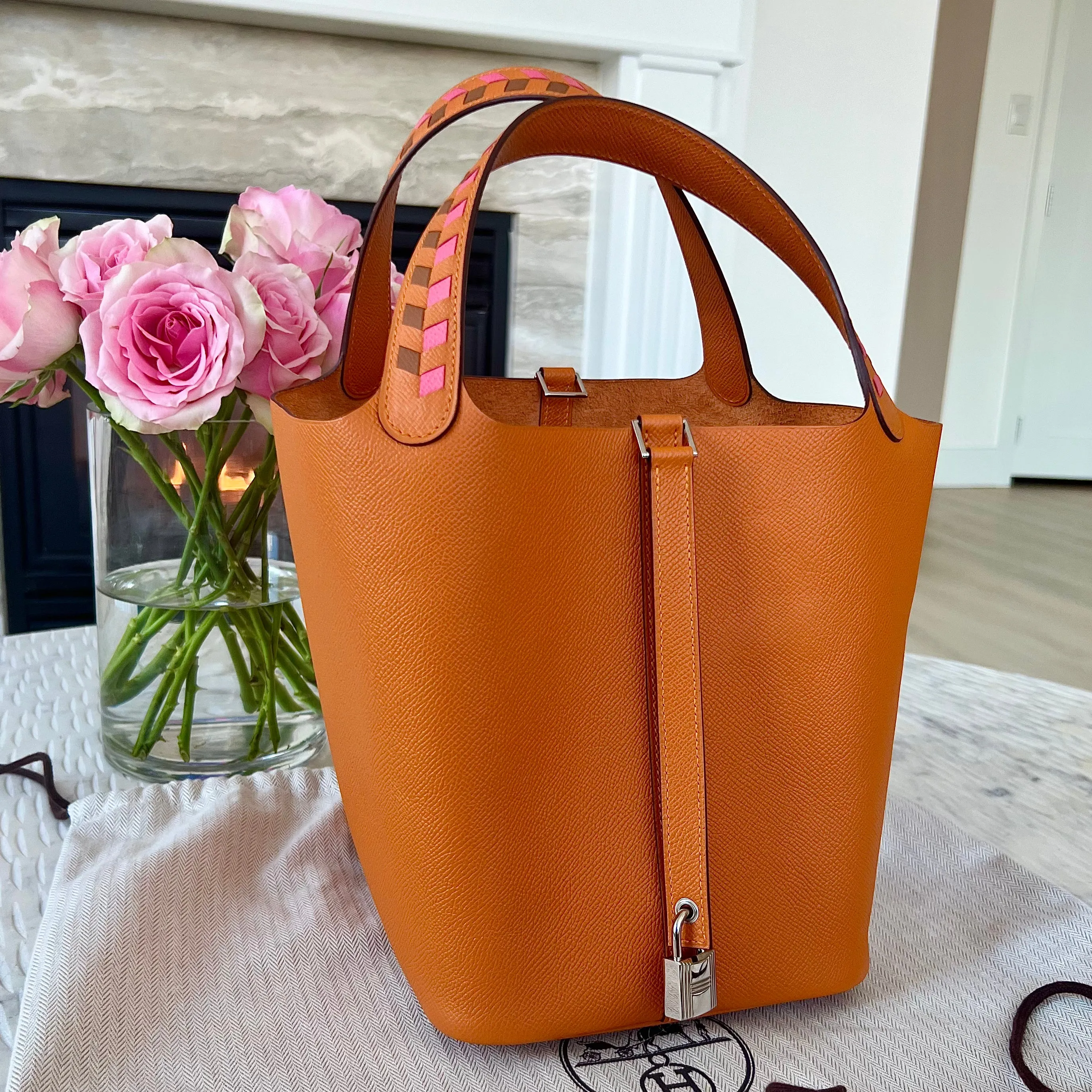 HERMES Orange Epsom Leather Tressage De Cuir Picotin Lock 22 Bag