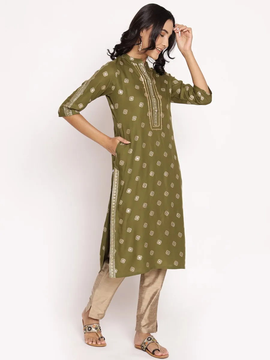 Olive Green Ornamental Printed Kurta