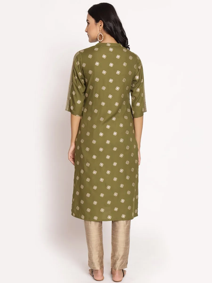 Olive Green Ornamental Printed Kurta