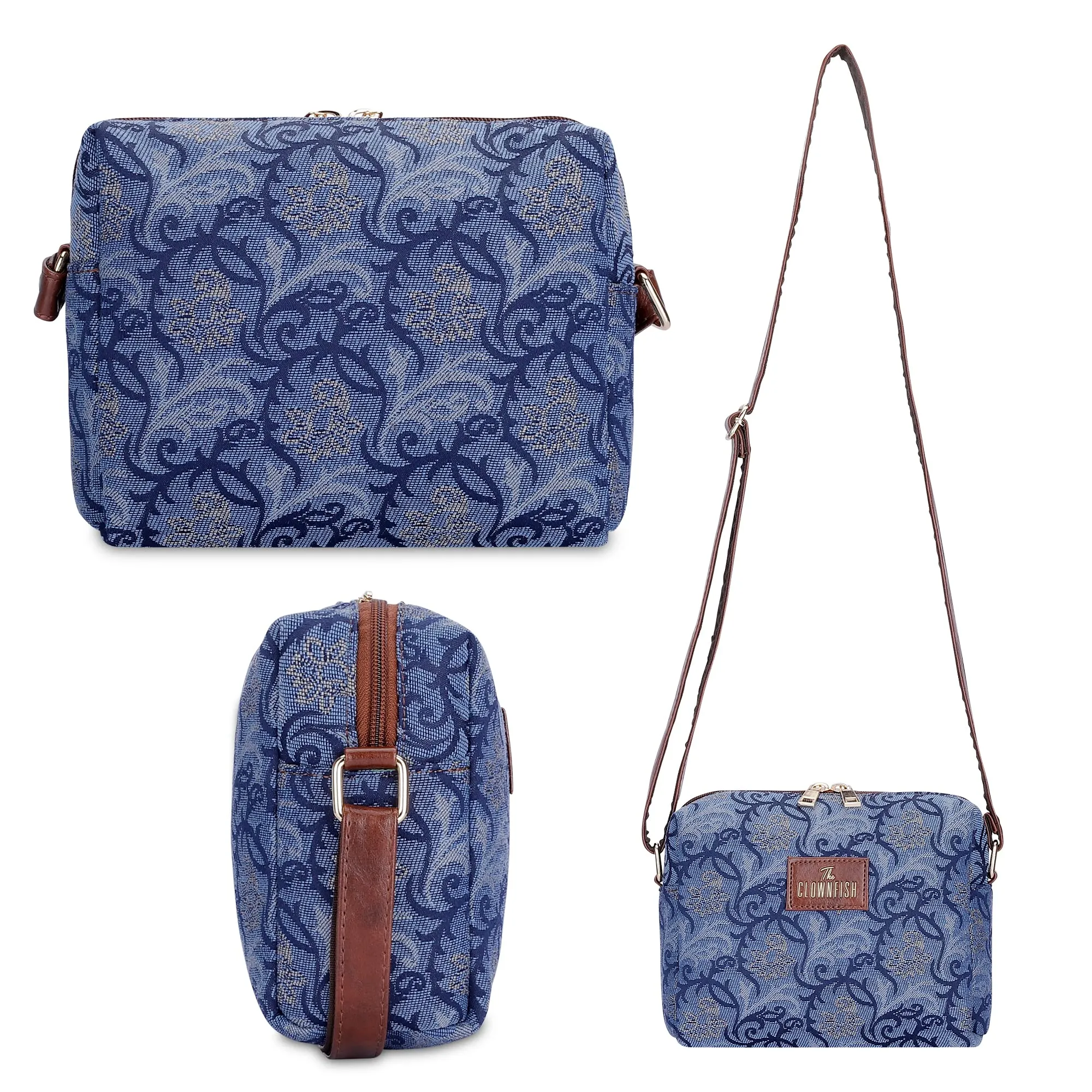 THE CLOWNFISH Combo Of Adelina Sling for Women Crossbody Bag for Ladies College Girls & Justina Tapestry Fabric & Faux Leather Handbag for Women (Blue-Floral)