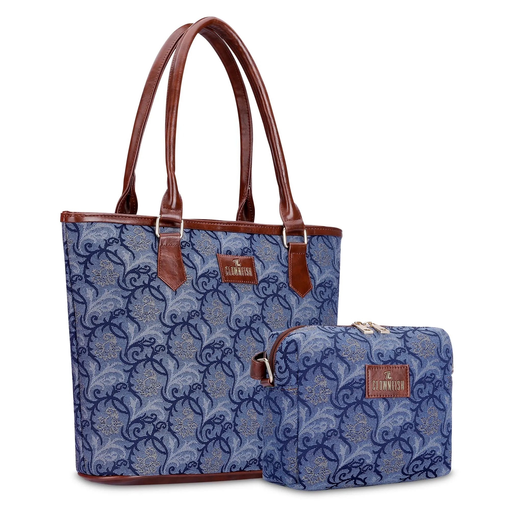 THE CLOWNFISH Combo Of Adelina Sling for Women Crossbody Bag for Ladies College Girls & Justina Tapestry Fabric & Faux Leather Handbag for Women (Blue-Floral)