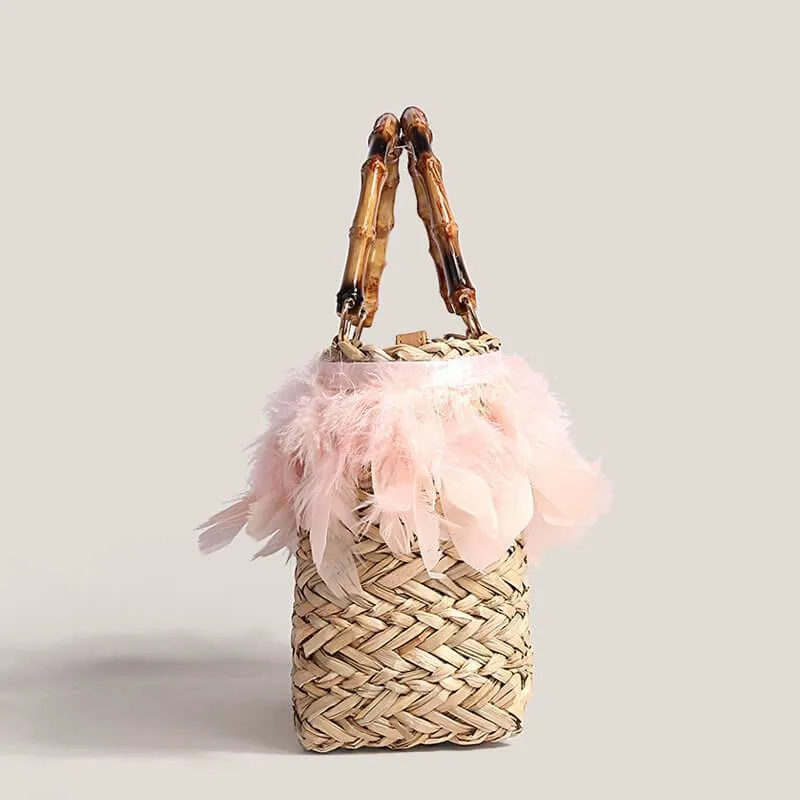 Women's Straw Bag Fashion Faux Feather Rattan Handbag