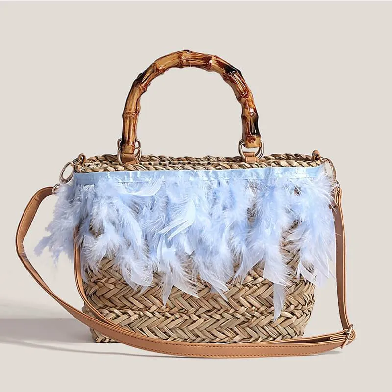 Women's Straw Bag Fashion Faux Feather Rattan Handbag